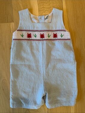 Carriage Boutique Light Blue & White Seersucker Crab Smocked Romper